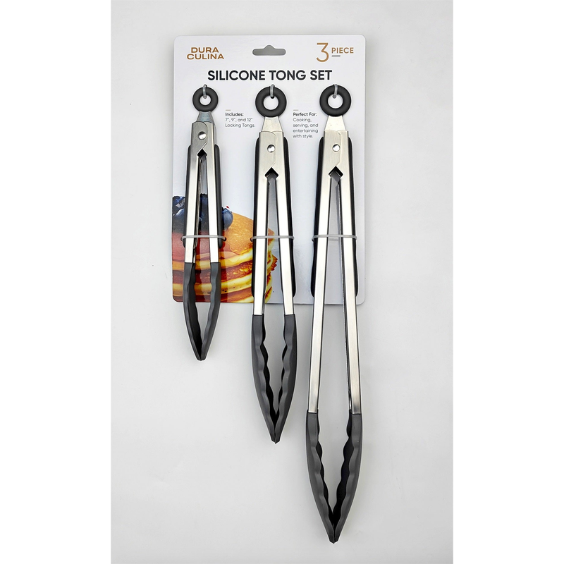 3-Piece Kitchen Tong Set for Versatile Cooking & Serving (Grey)-0