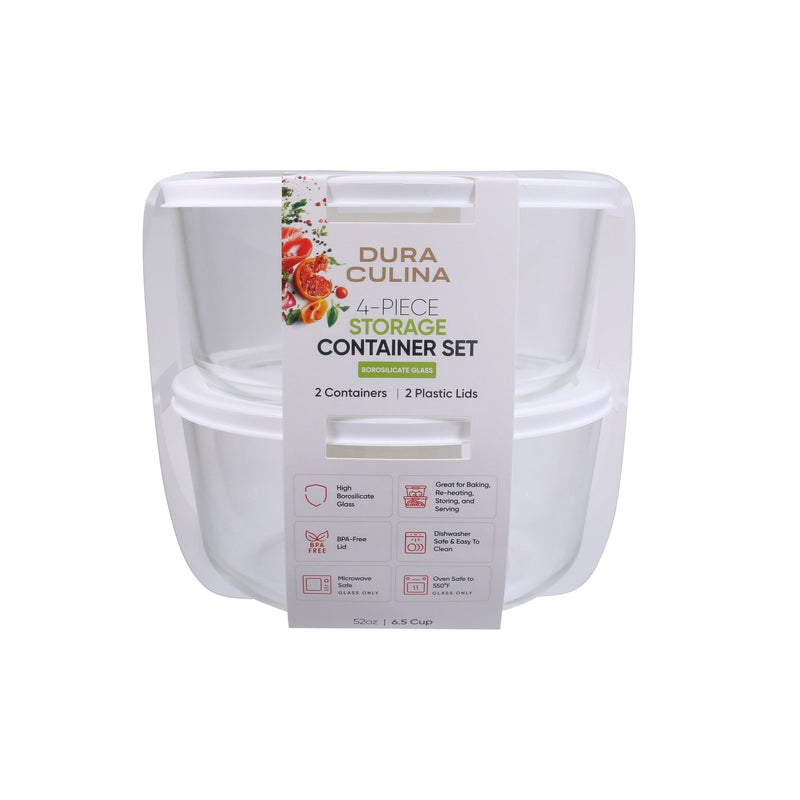 4 Piece Set (6.55 Cup / 52.4Oz) Round Glass Storage Containers With Lids, White-0