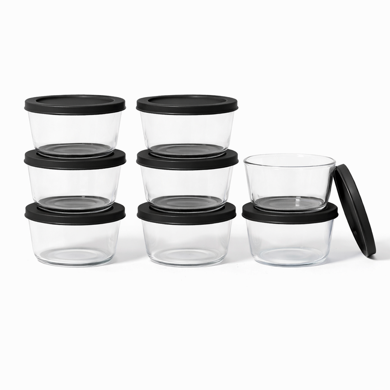 16 Piece Set (1 Cup / 8Oz)  Round Glass Storage Containers With Lids, Black-0