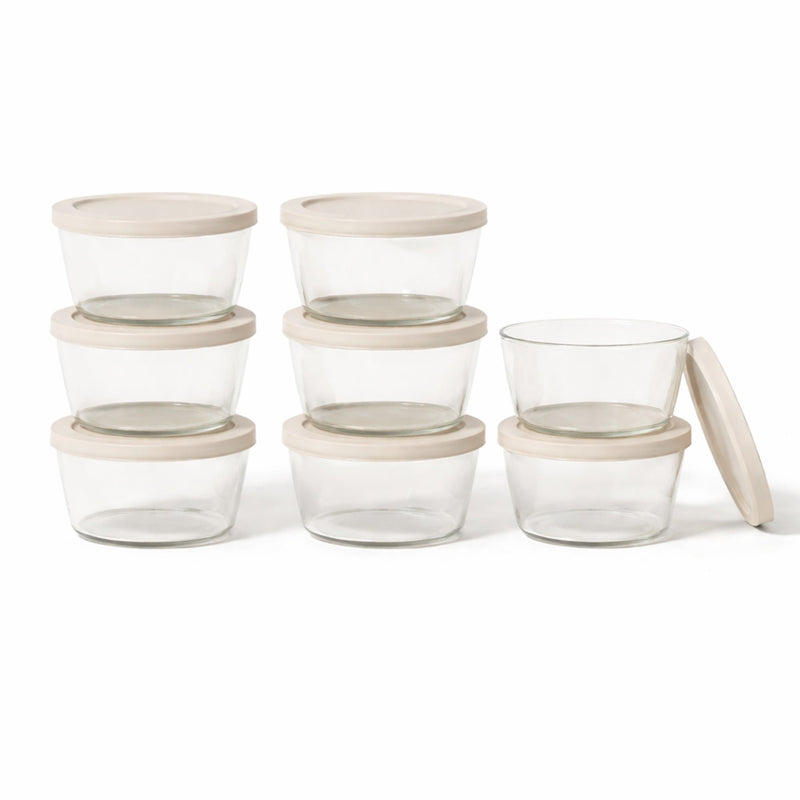 16 Piece Set (1 Cup / 8Oz)  Round Glass Storage Containers With Lids, Warm Beige-0