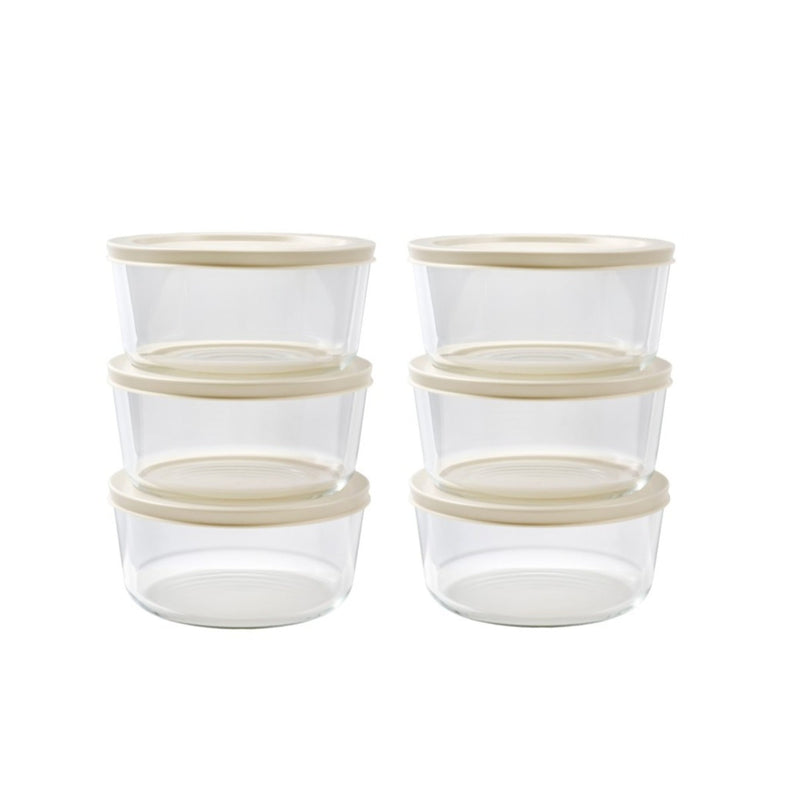 12 Piece Set (4 Cup / 32Oz ) Round Glass Storage Containers With Lids, Warm Beige