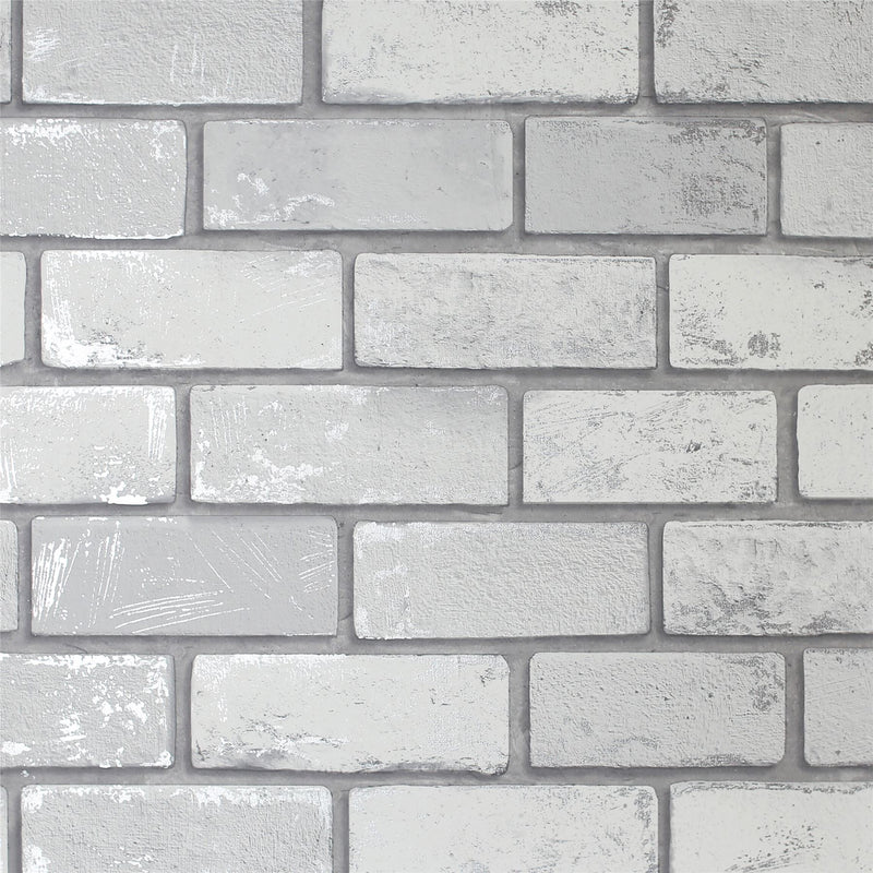 Metallic Brick White/Silver Wallpaper image 0