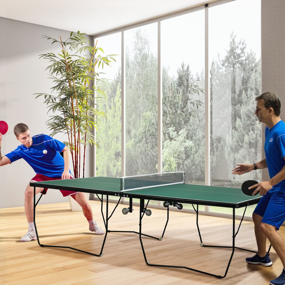 9FT Folding Table Tennis Table with 8 Wheels, for Indoors, Outdoors