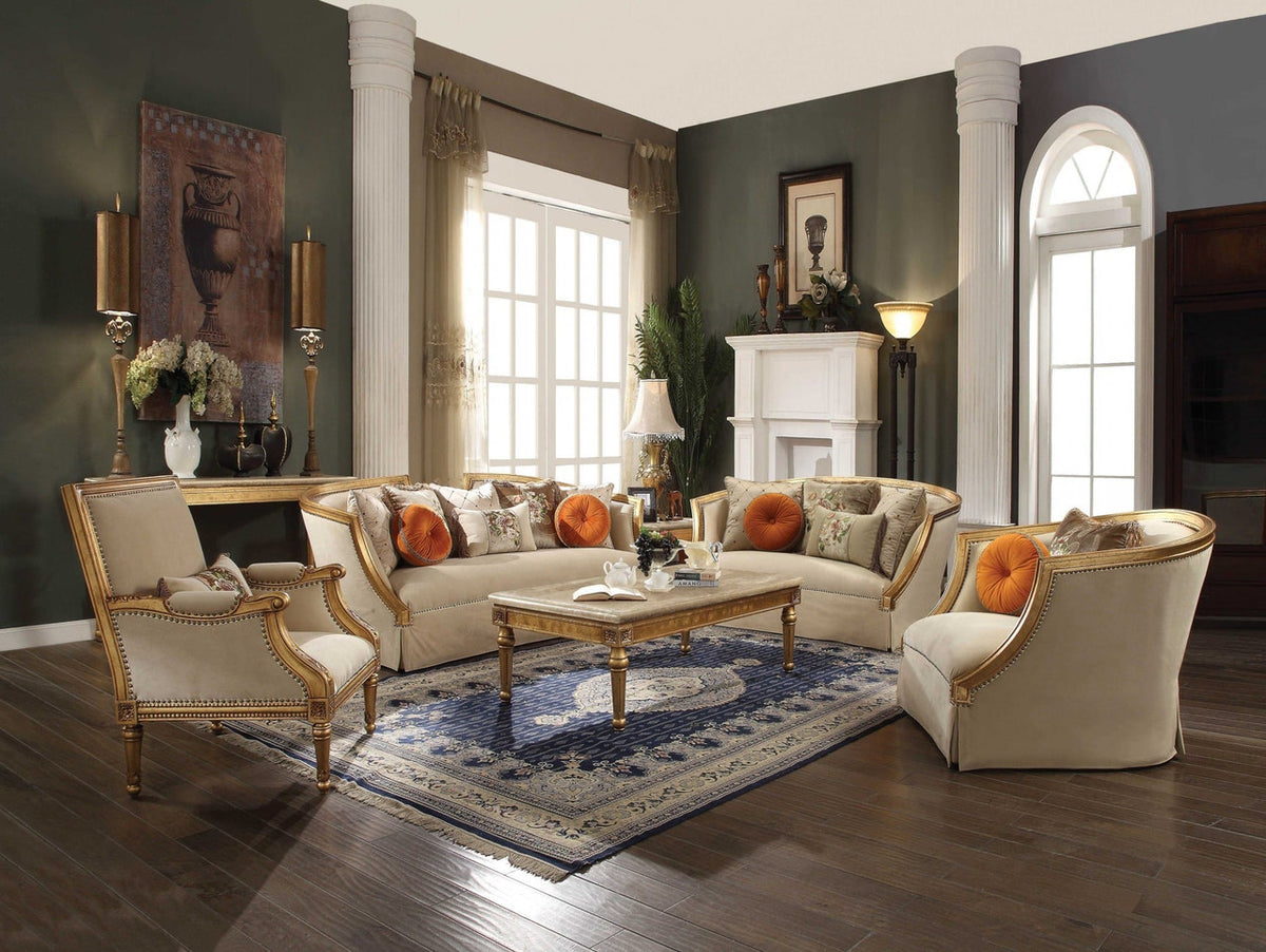 70" Tan And Gold Curved Loveseat and Toss Pillows