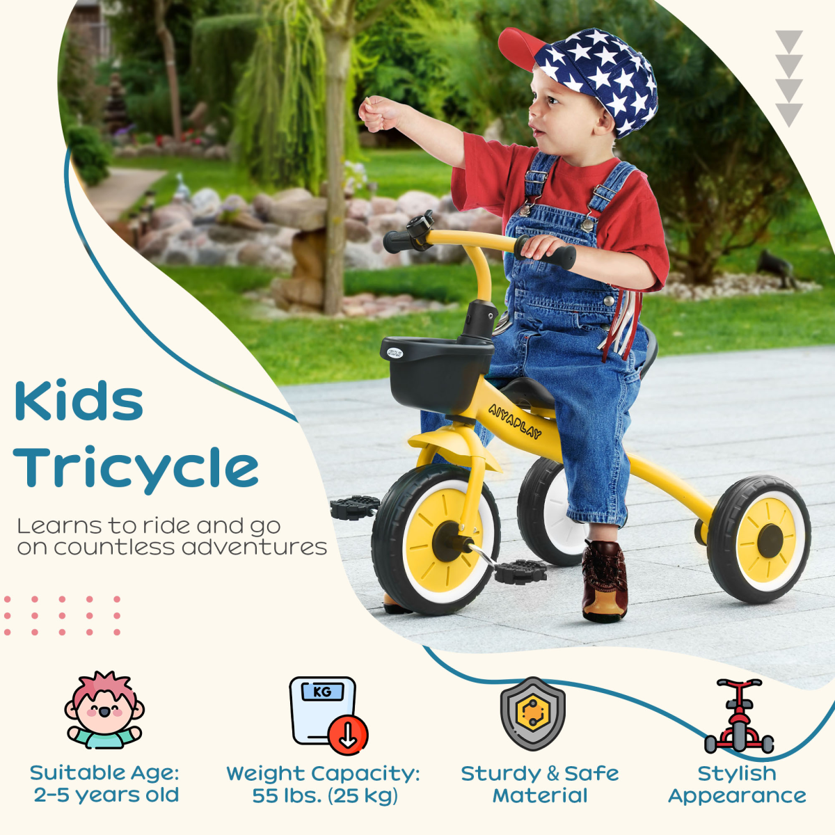 Trike with Adjustable Seat Basket Kids Tricycle for 2-5 Year Old Yellow
