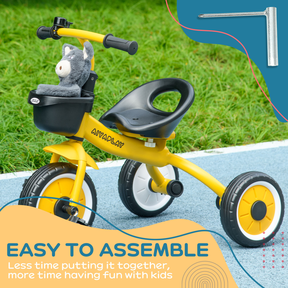 Trike with Adjustable Seat Basket Kids Tricycle for 2-5 Year Old Yellow