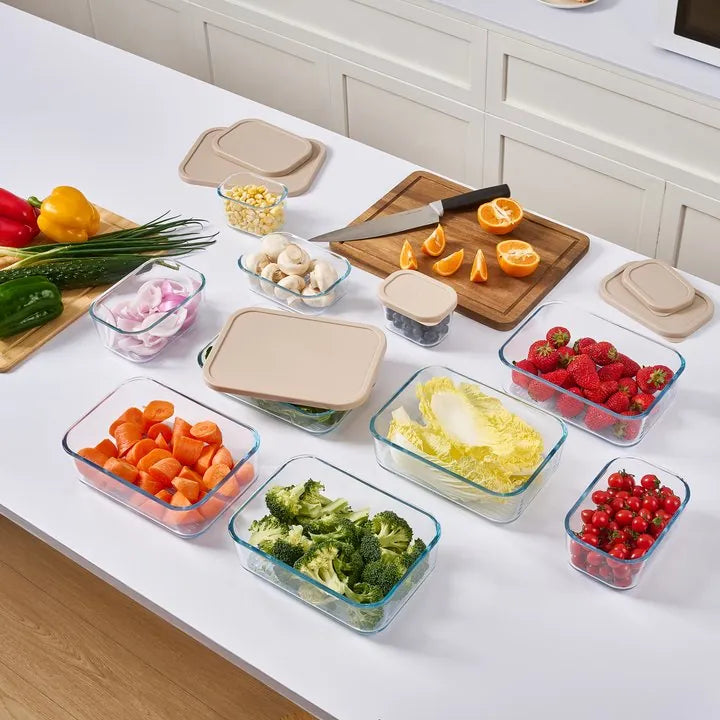 Container Culture 12-Piece Airtight Glass Food Storage Set with Lids, 25.35oz & 40.57oz Mixed Sizes - Cashew Cream-4