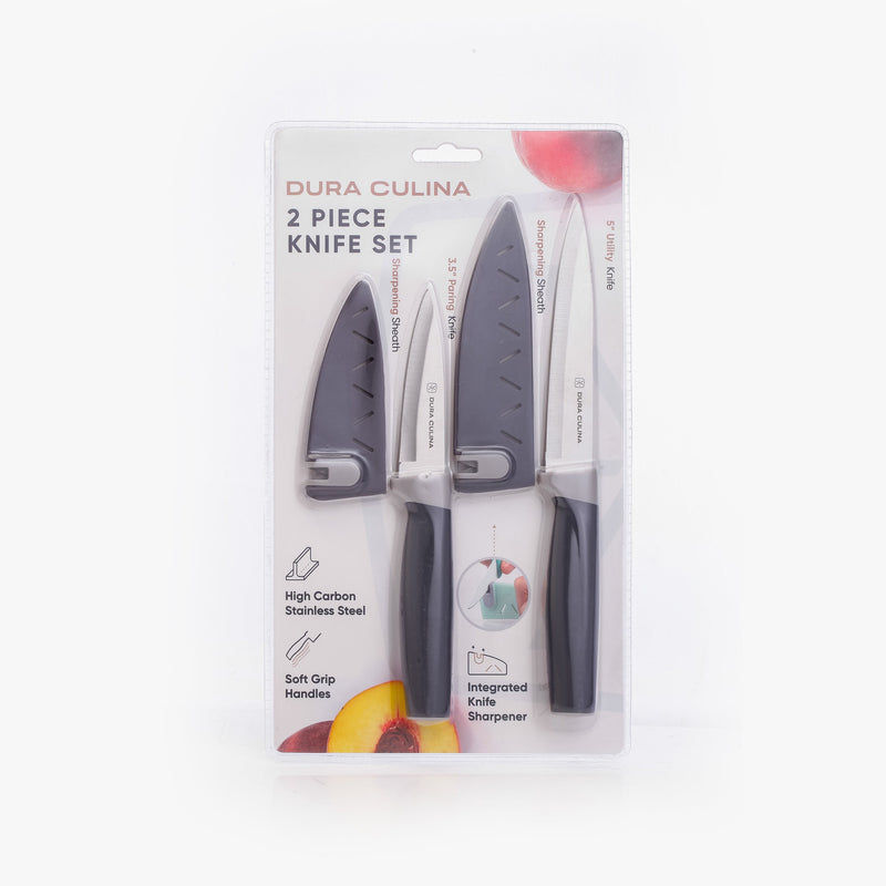 2 Piece Kitchen Knife Set- Paring, and Utility Knife with Matching Blade Guards with Built in Sharpener-0