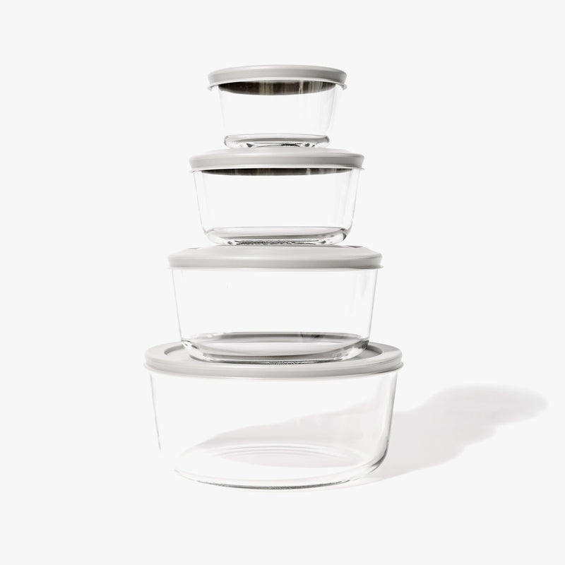 8 Piece Set (4 Containers + 4 Lids) Round Nesting Glass Storage Containers, Grey