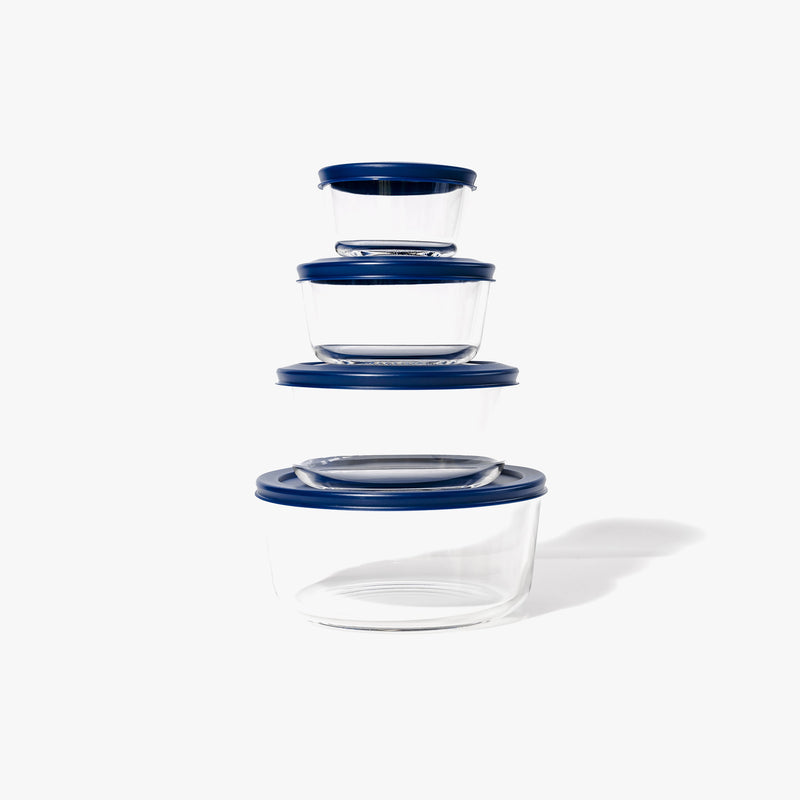 8 Piece Set (4 Containers + 4 Lids) Round Nesting Glass Storage Containers, Blue-0