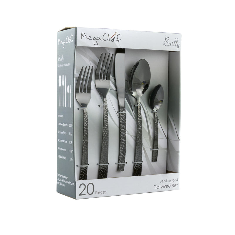 MegaChef Baily 20 Piece Flatware Utensil Set, Stainless Steel Silverware Metal Service for 4 in Bla-0