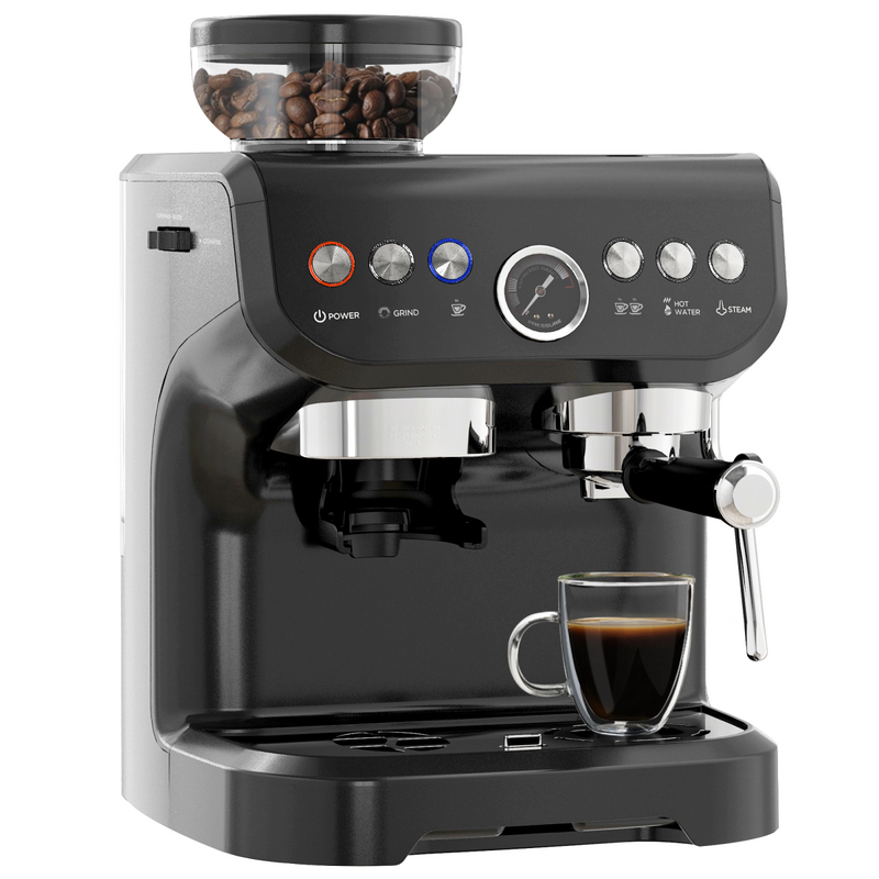 Espresso Coffee Machine w/ Integrated Bean Grinder and Steam Wand 15 Bar