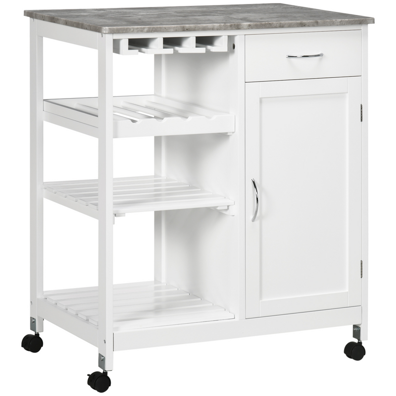 Kitchen Trolley Utility Cart on Wheels with Wine Rack, Drawer, Open Shelf