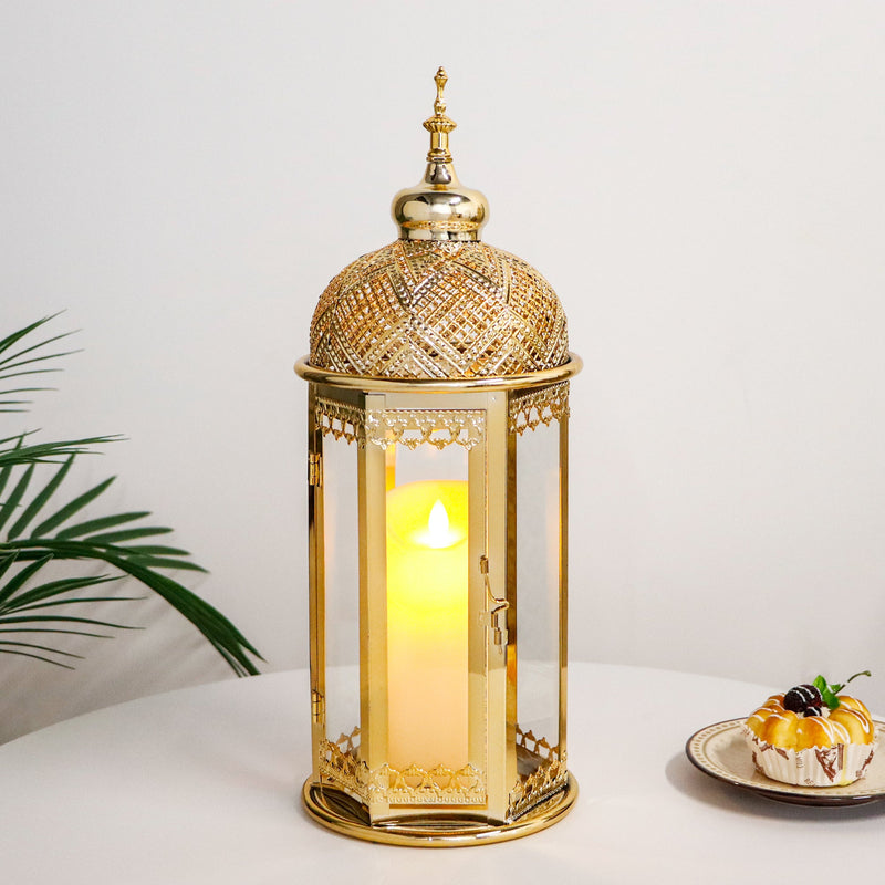 Moroccan Candle Lantern 17'' Gold Hexagonal Candle Holder-0
