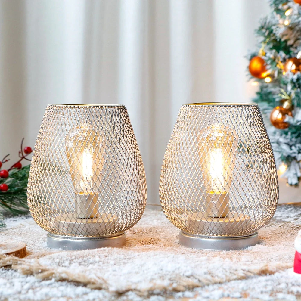 Set of 2-6.7"H Metal Cage LED Lantern（Silver）-4
